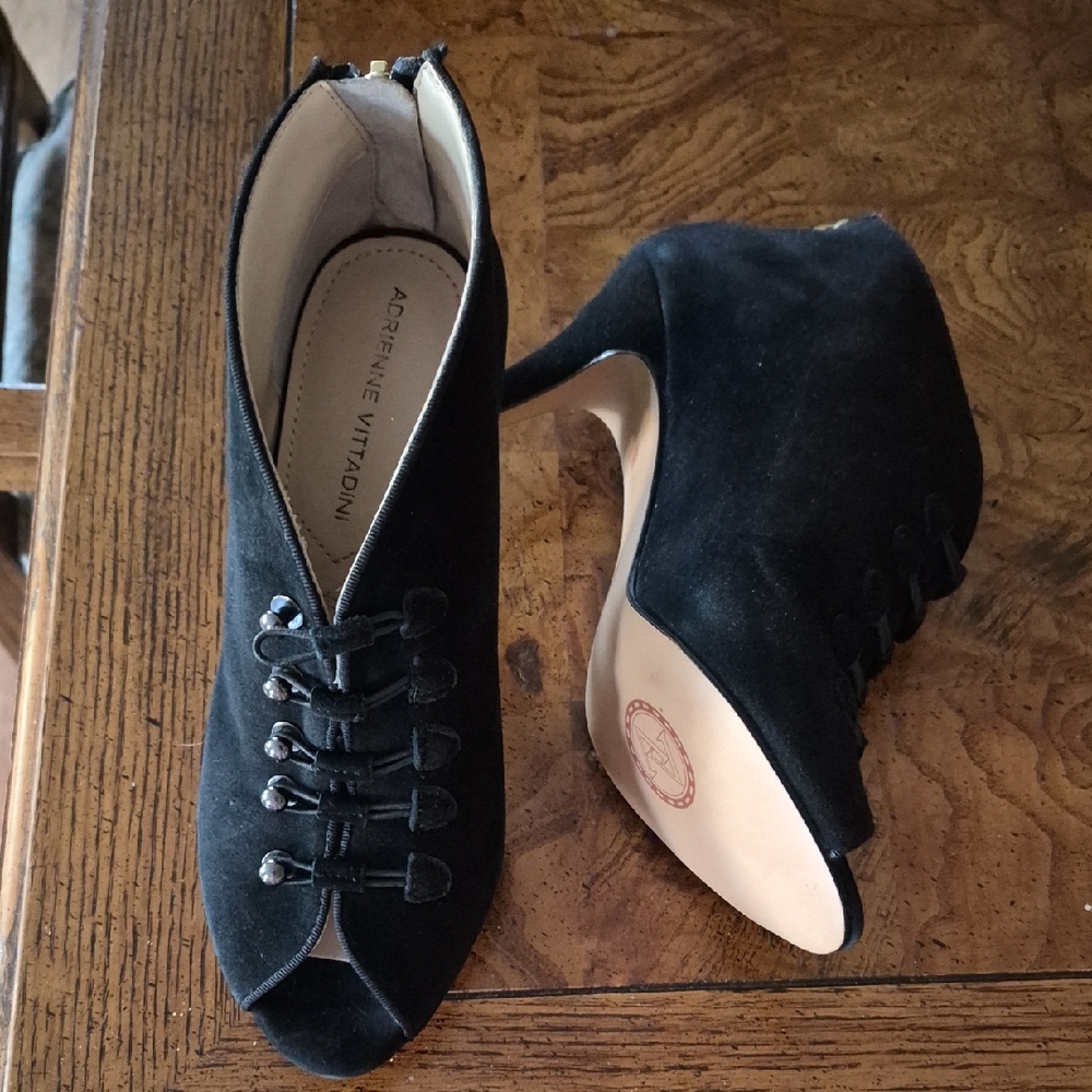 Adrienne Vittadini Black Suede Peep-Toe Lace-Up Wedge Booties